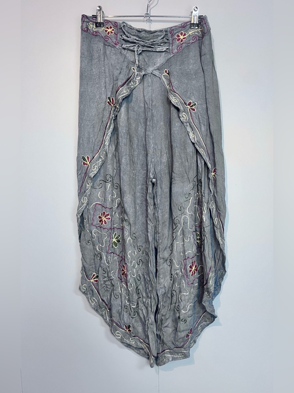 Shiva Fashions Embroidered Boho Wide Leg Pants One Size Gray